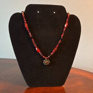 Handmade Beaded Necklace - Red and Black